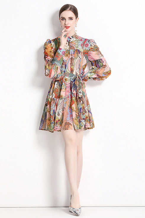 Runway Fashion Autumn Soft Satin Abstract Print, Mock Neck, Lantern Sleeve Office, Party, Holiday's Dress